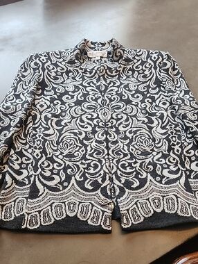 St. John Black & White Jacquard Knit Zip-Front Jacket